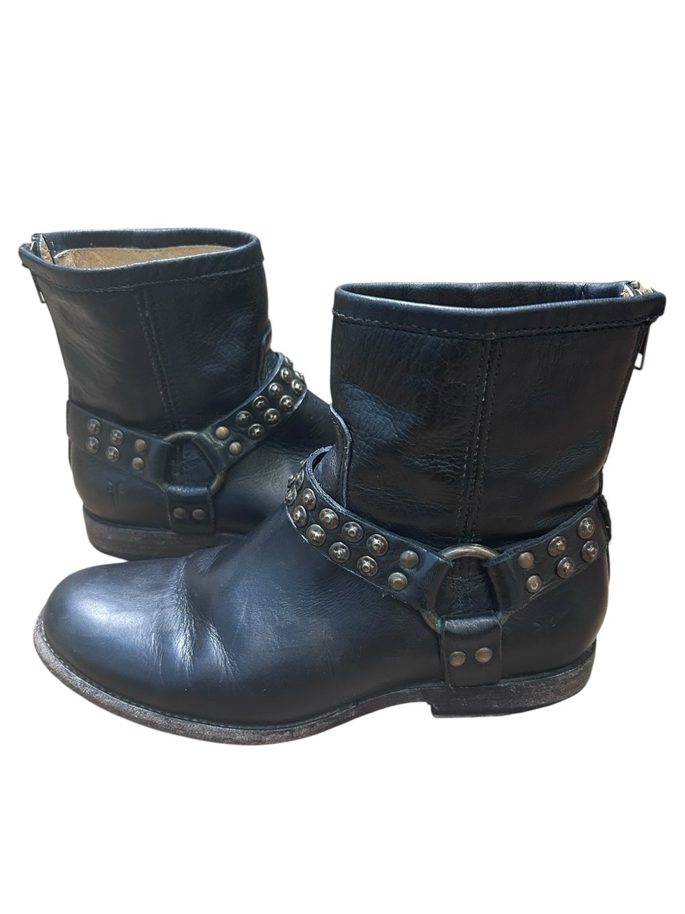 Frye PHILLIP Harness Studded Short Black Leather Boots Size 7.5 Biker grunge